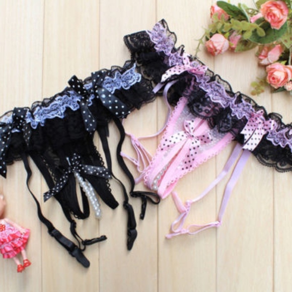 Red Lace Top Thigh-Highs with Red &I Black Garter Belt Set with Pearls NEW - Picture 6 of 7